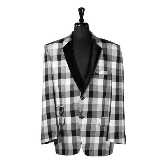 Mens Blazer Black White Plaid Wool Velvet Tuxedo Suit Jacket Sport Coat 46R - Picture 1 of 7